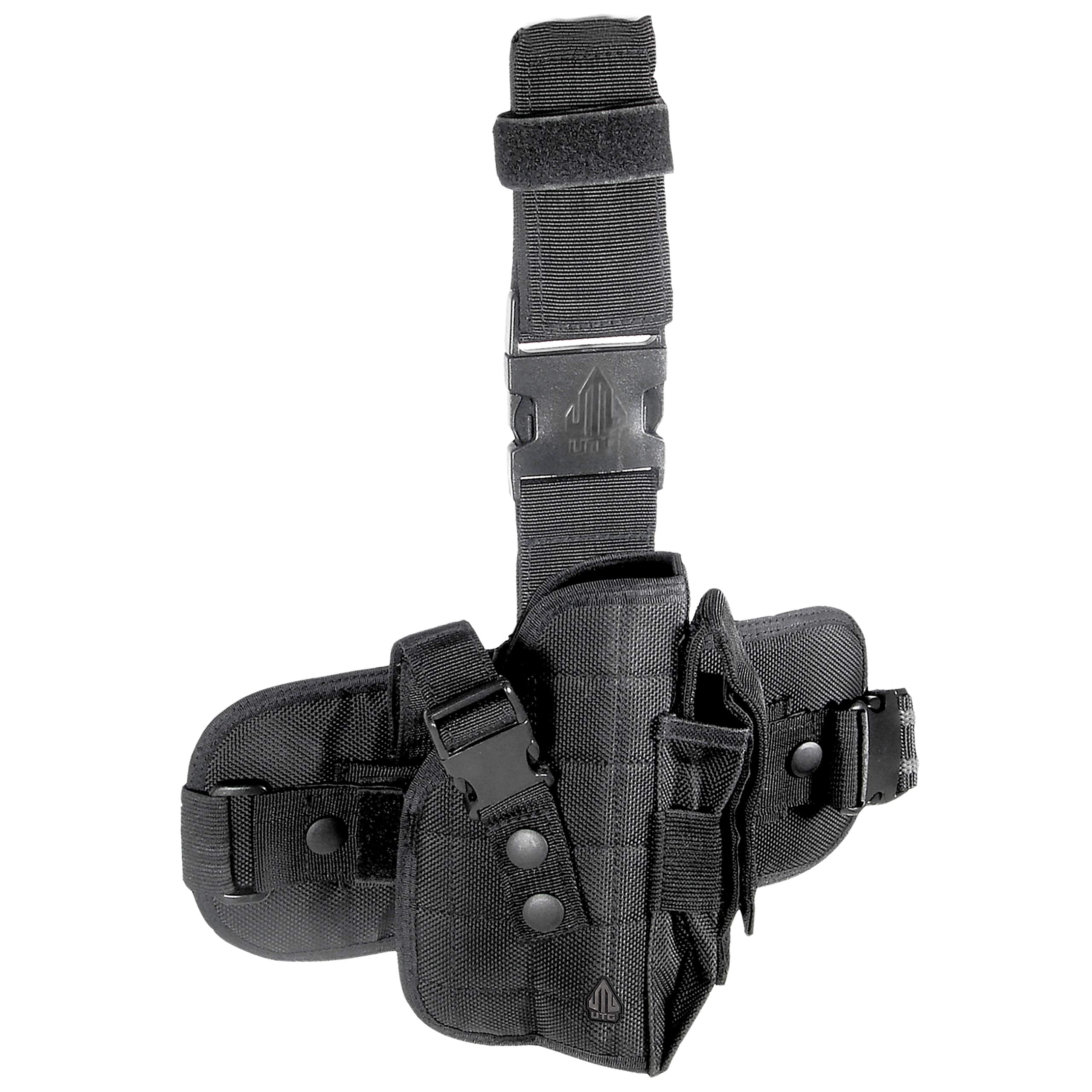 UTG Special Ops Gen II leg holster worn on the right thigh for rapid pistol access.