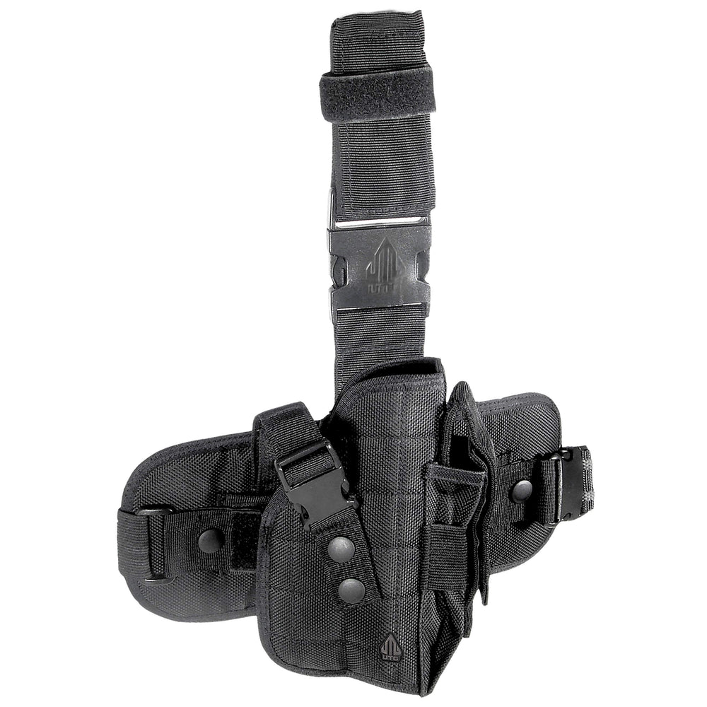 UTG Special Ops Gen II leg holster worn on the right thigh for rapid pistol access.