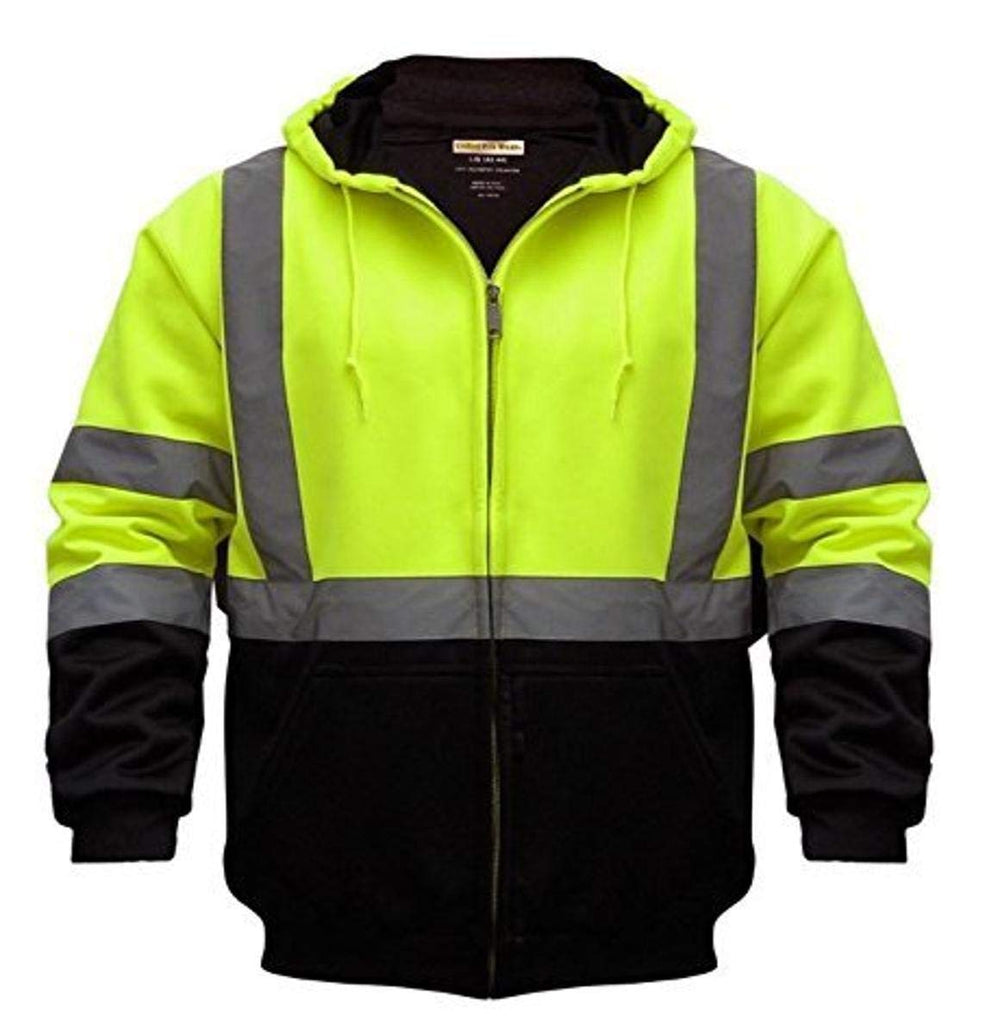 Utility Pro UHV425 hooded soft shell in yellow and black enhances visibility for outdoor work.
