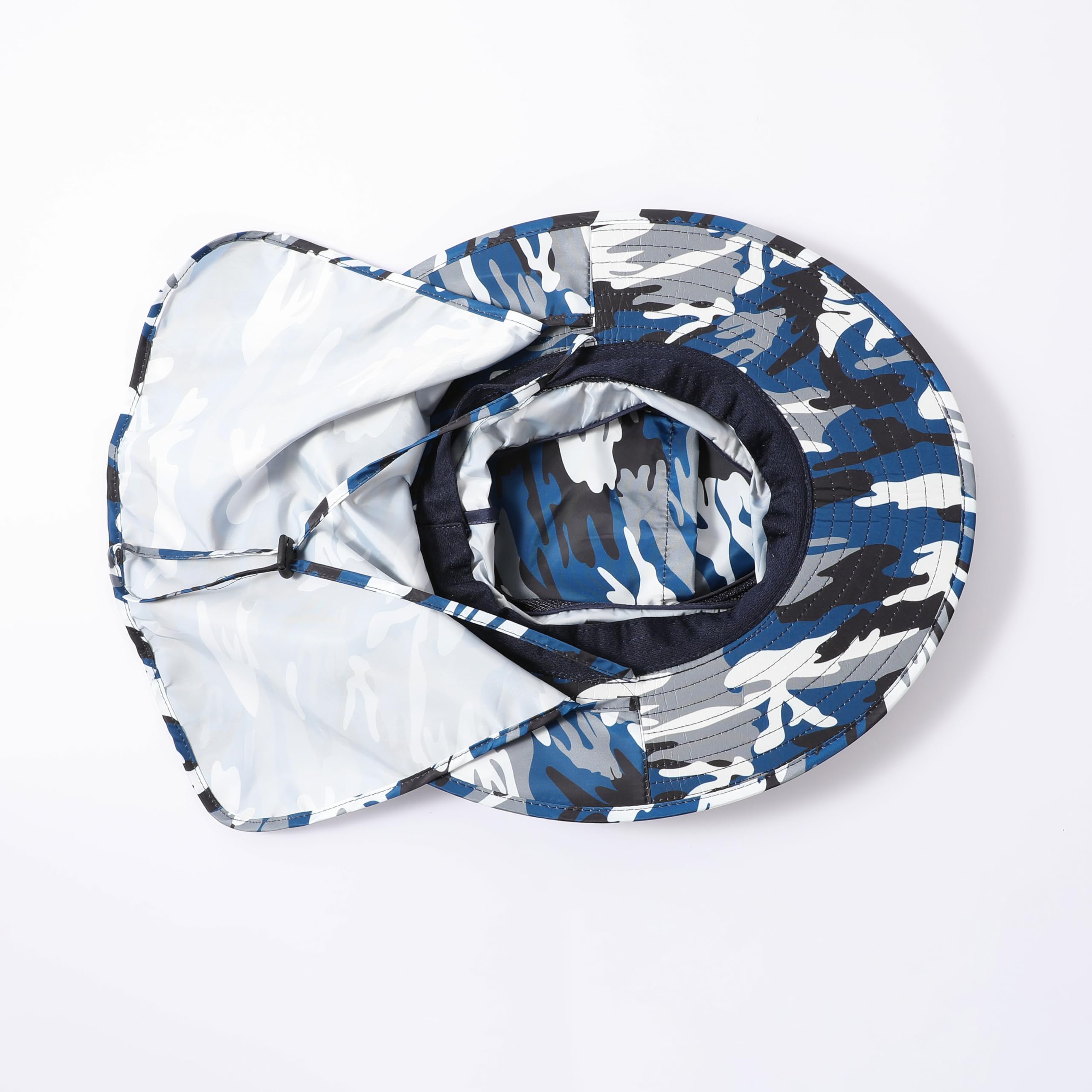 Side view highlighting wide brim and neck flap