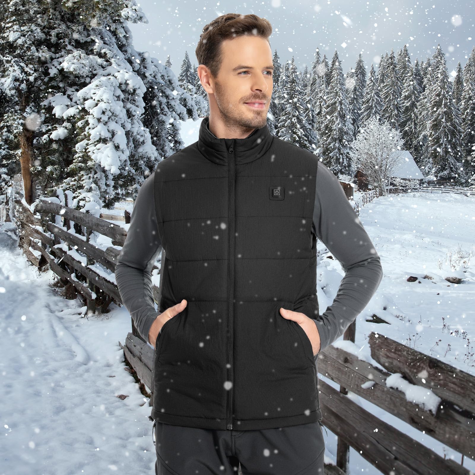 UVSAI heated vest pocket detail, secure zipper pockets for essentials.