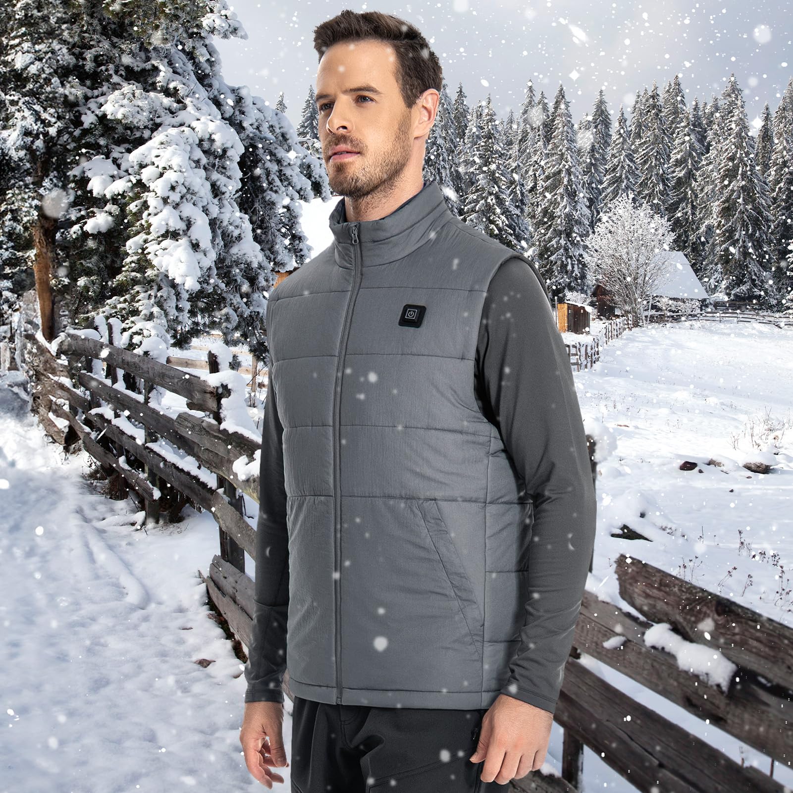 UVSAI water-resistant heated vest fabric detail for rugged weather readiness.