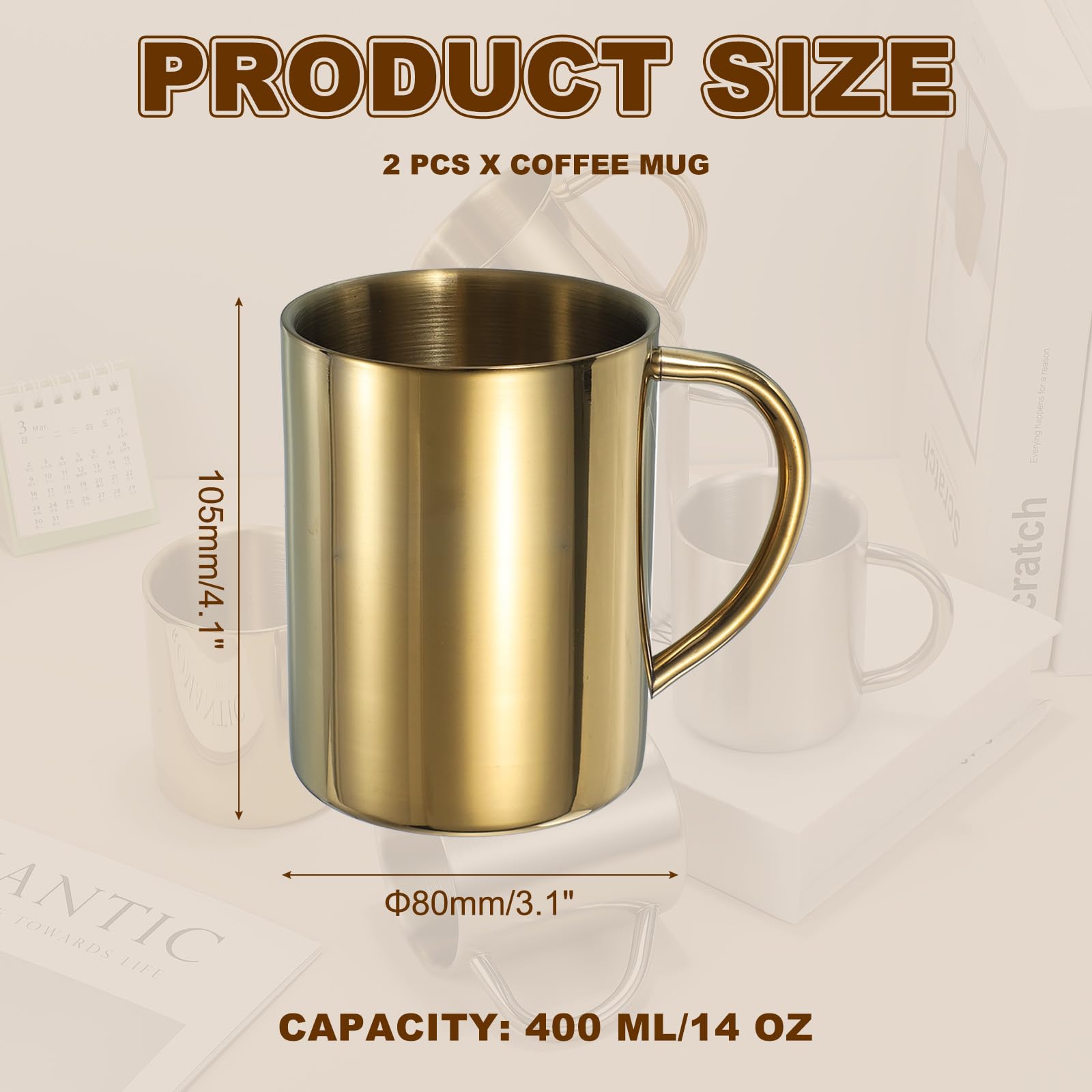 uxcell two-pack of mugs in gold finish for travel
