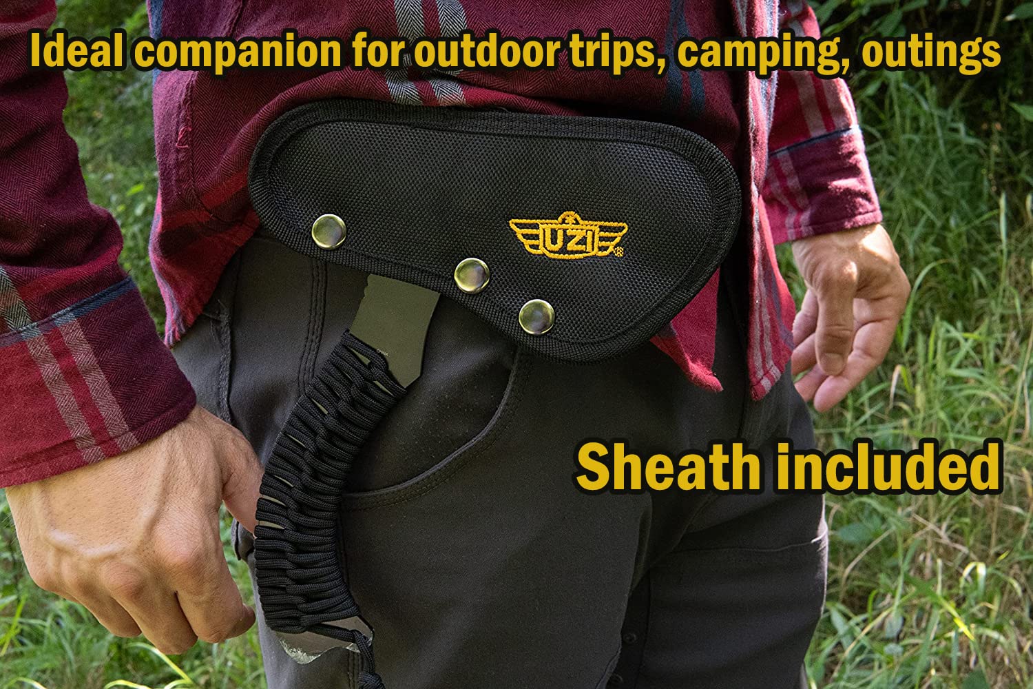UZI nylon sheath keeps the axe protected on belt or pack