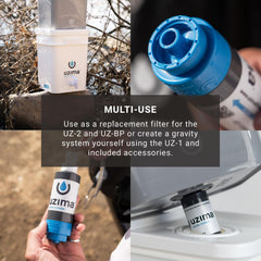 Uzima bucket connector spigot kit enables DIY high-capacity filtration outdoors.