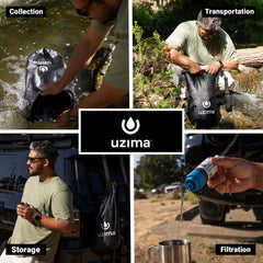 Uzima UZ-BP 17.5L water bag hanging setup enabling hands-free hydration