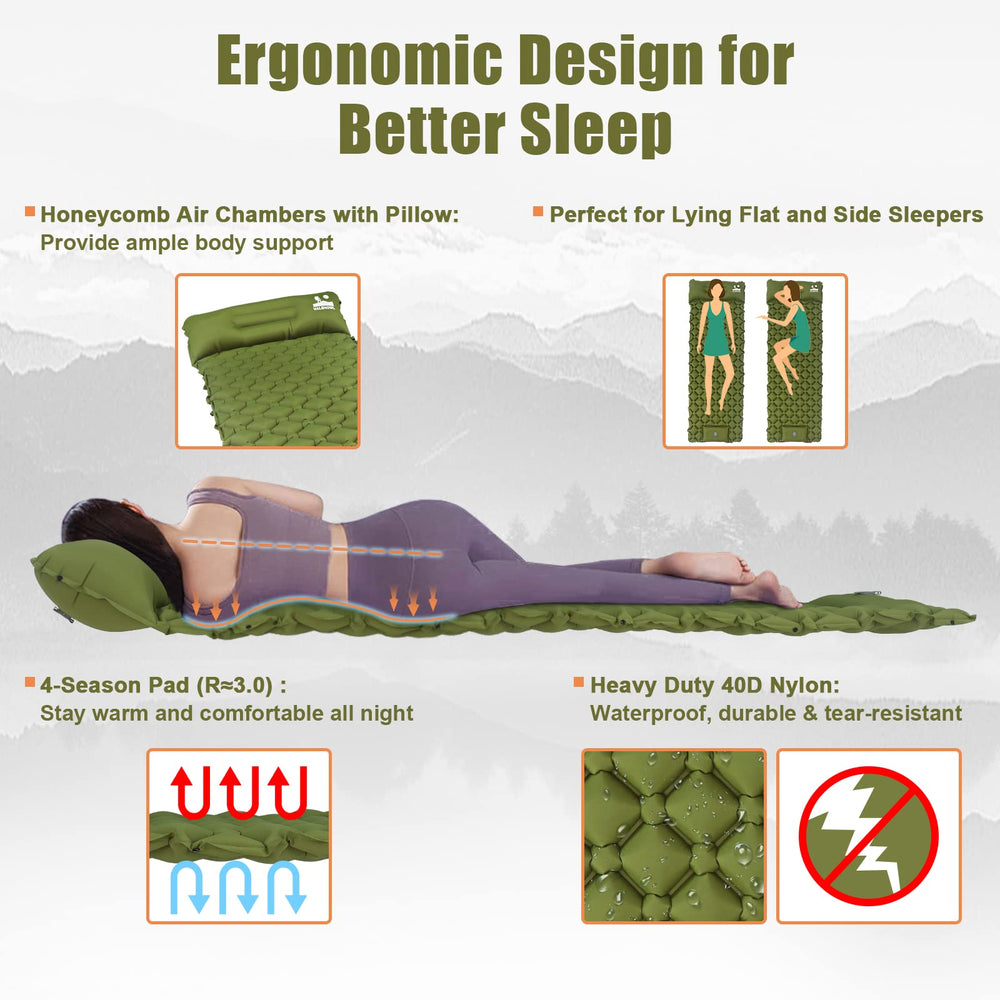 VALEHOWL sleeping pad built-in foot pump inflates in seconds for quick setup.