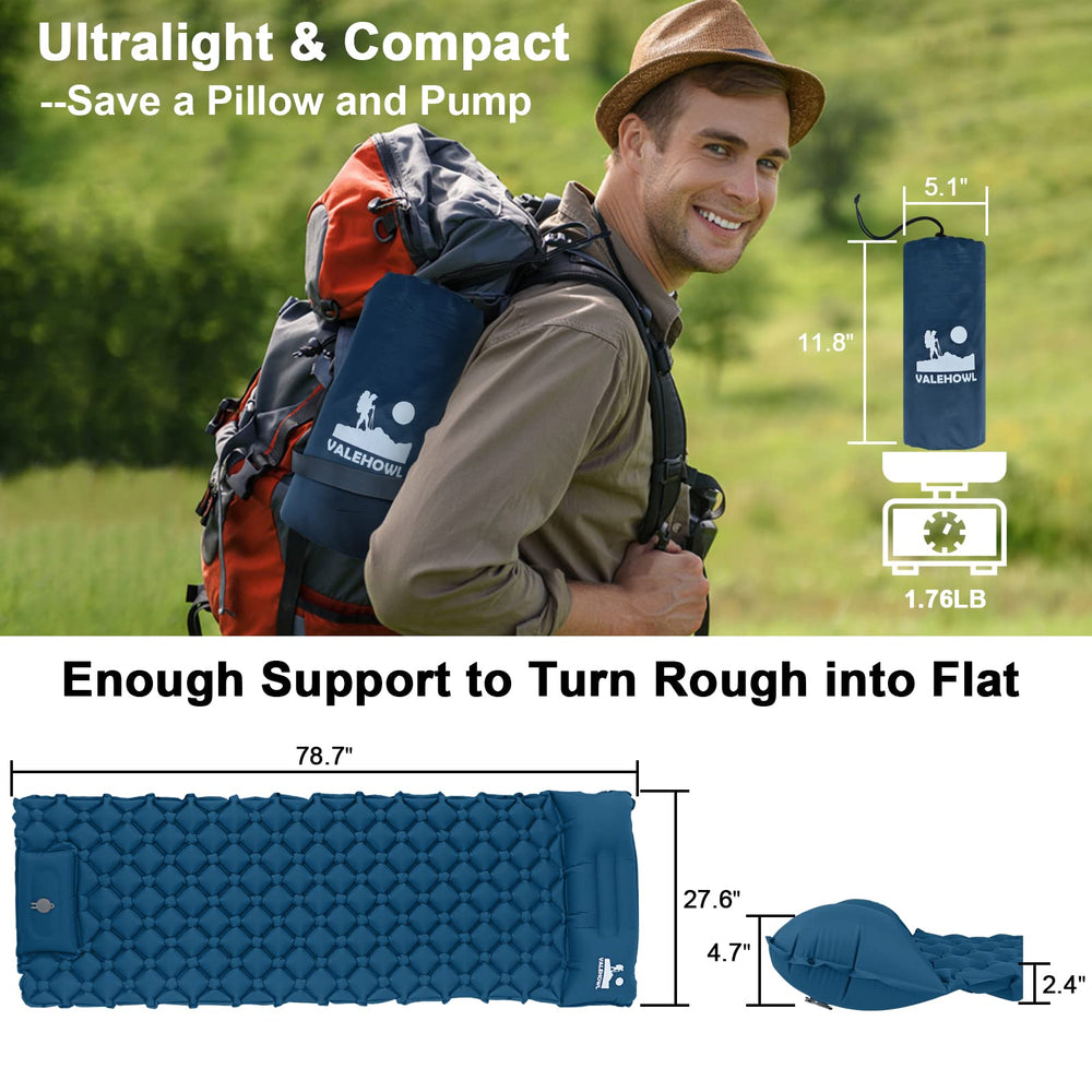 VALEHOWL sleeping pad with built-in pillow and air pump for quick, comfortable setup.