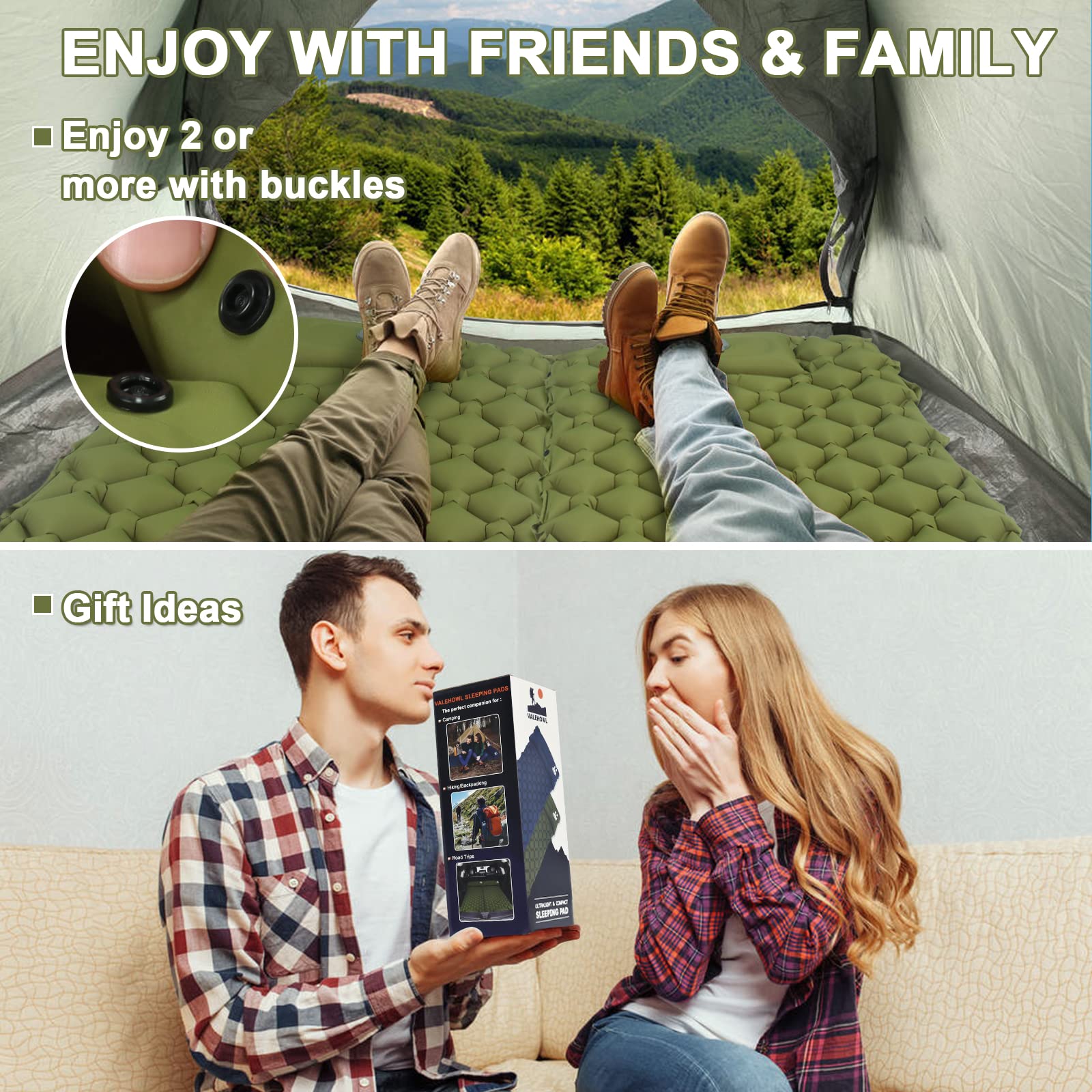 VALEHOWL sleeping pad ideal for camping, car trips, or indoor relaxation.