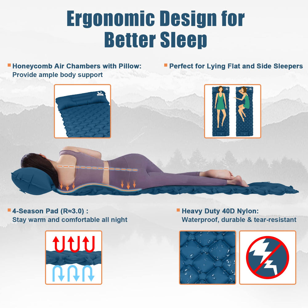VALEHOWL sleeping pad shows quick inflation with the built-in foot pump during setup.