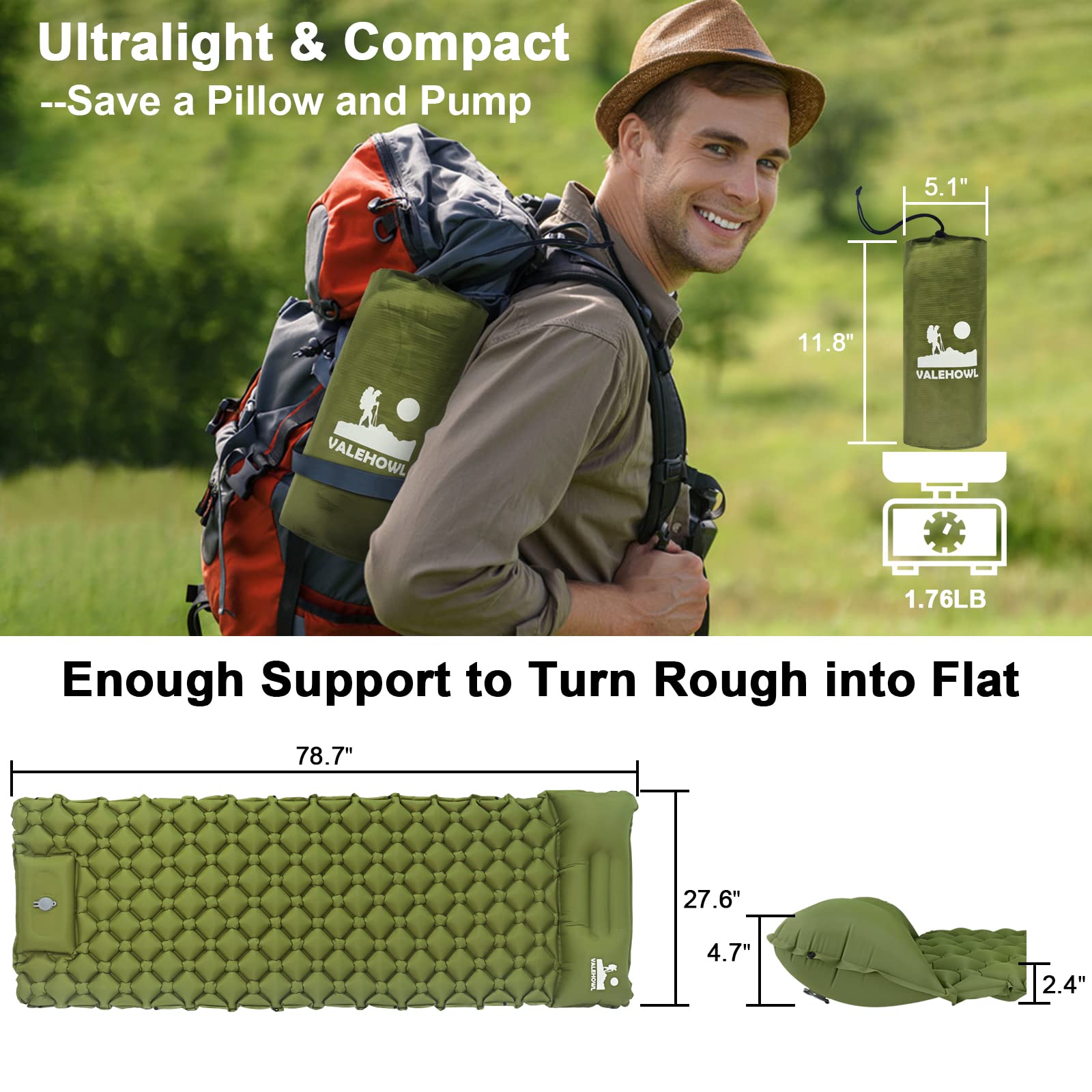 VALEHOWL ultralight sleeping pad inflated ready for restful outdoor sleep on uneven terrain.
