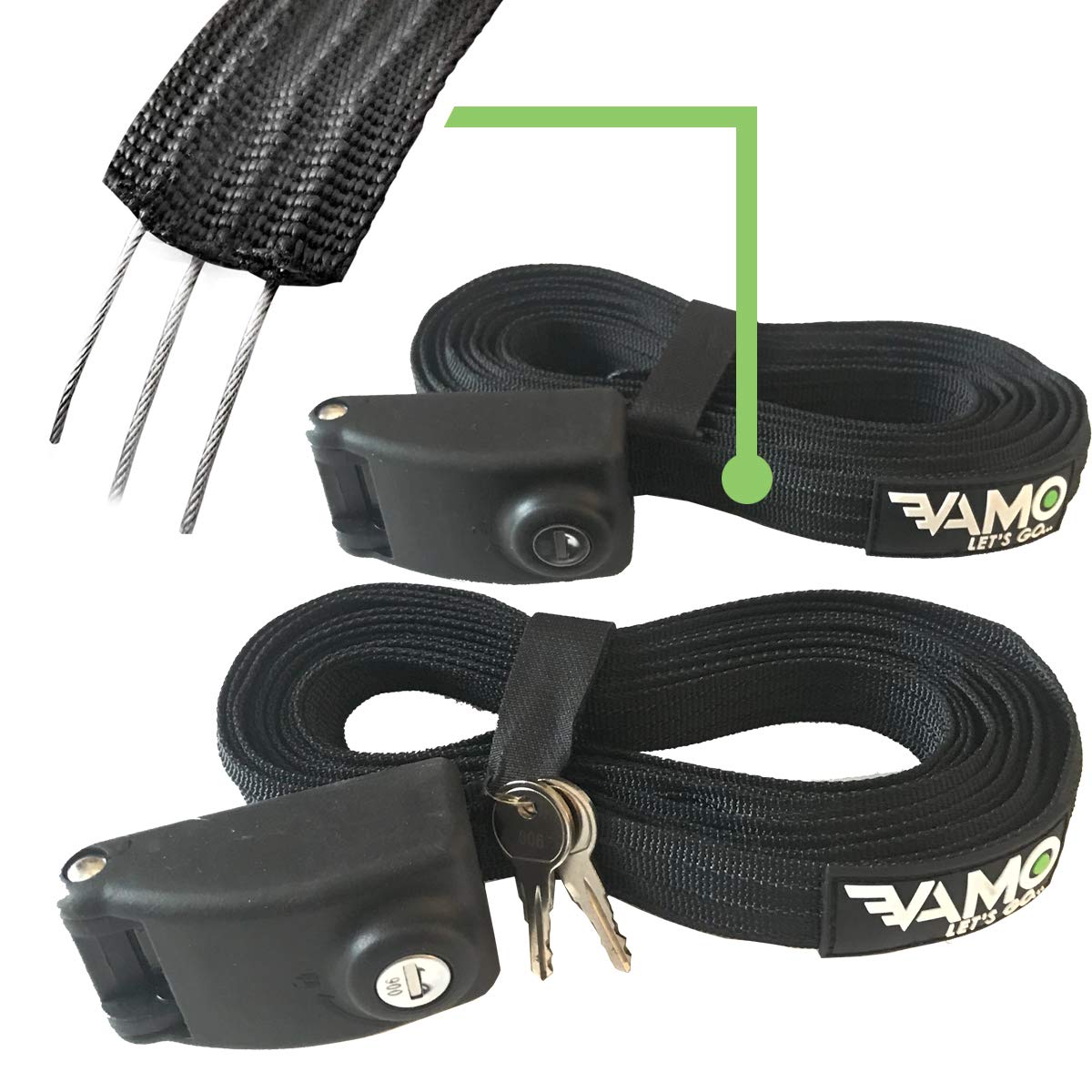 Vamo Let's Go premium locking tie downs on a roof rack secure transport.