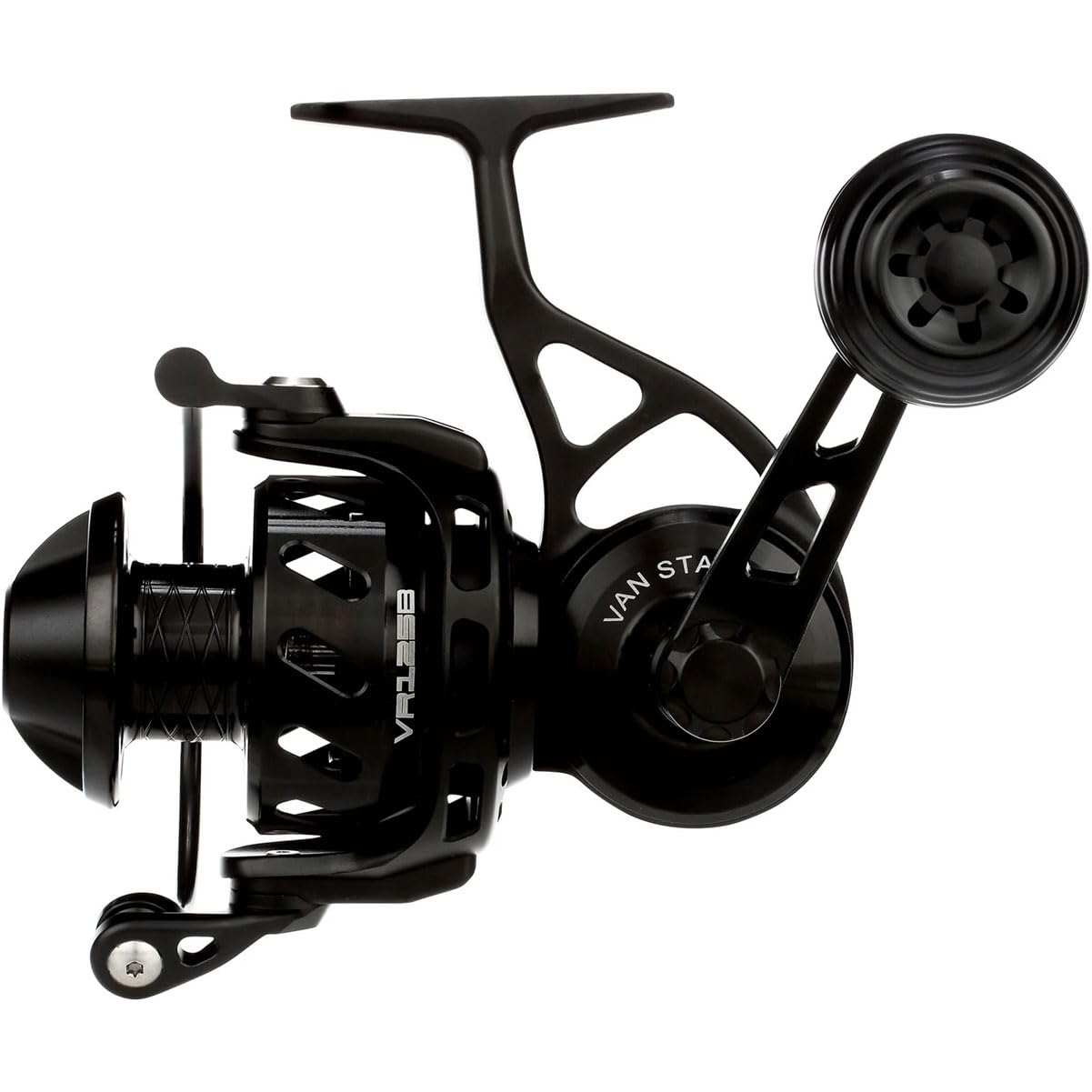 Van Staal VR series close-up on drag cap and spool shaft, signaling reinforced durability.
