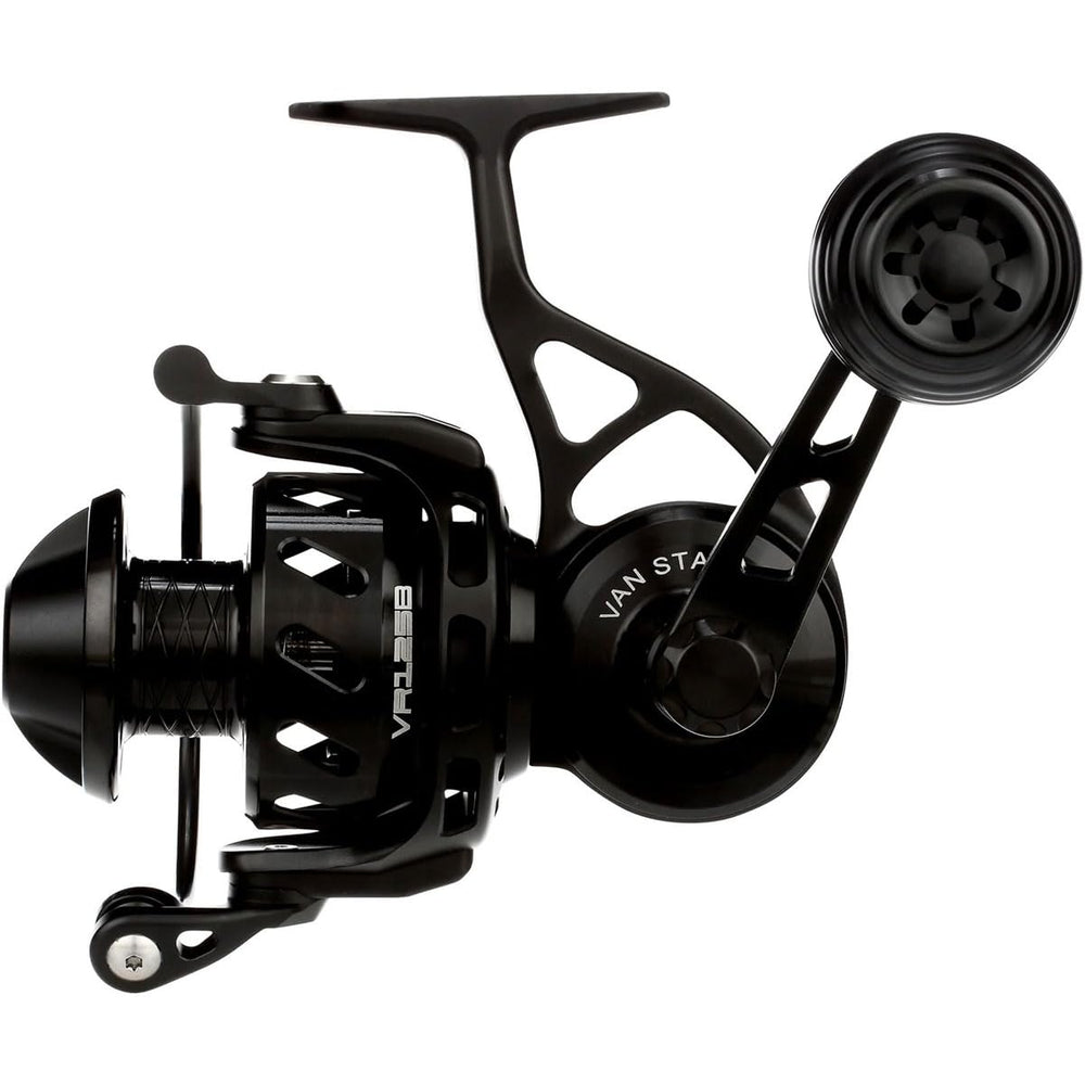 Van Staal VR series close-up on drag cap and spool shaft, signaling reinforced durability.