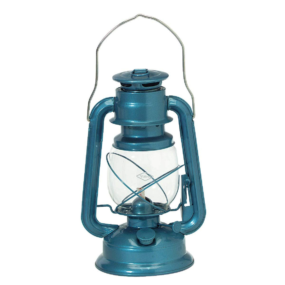 V&O Camper lantern with brass trim and blue body for outdoor lighting
