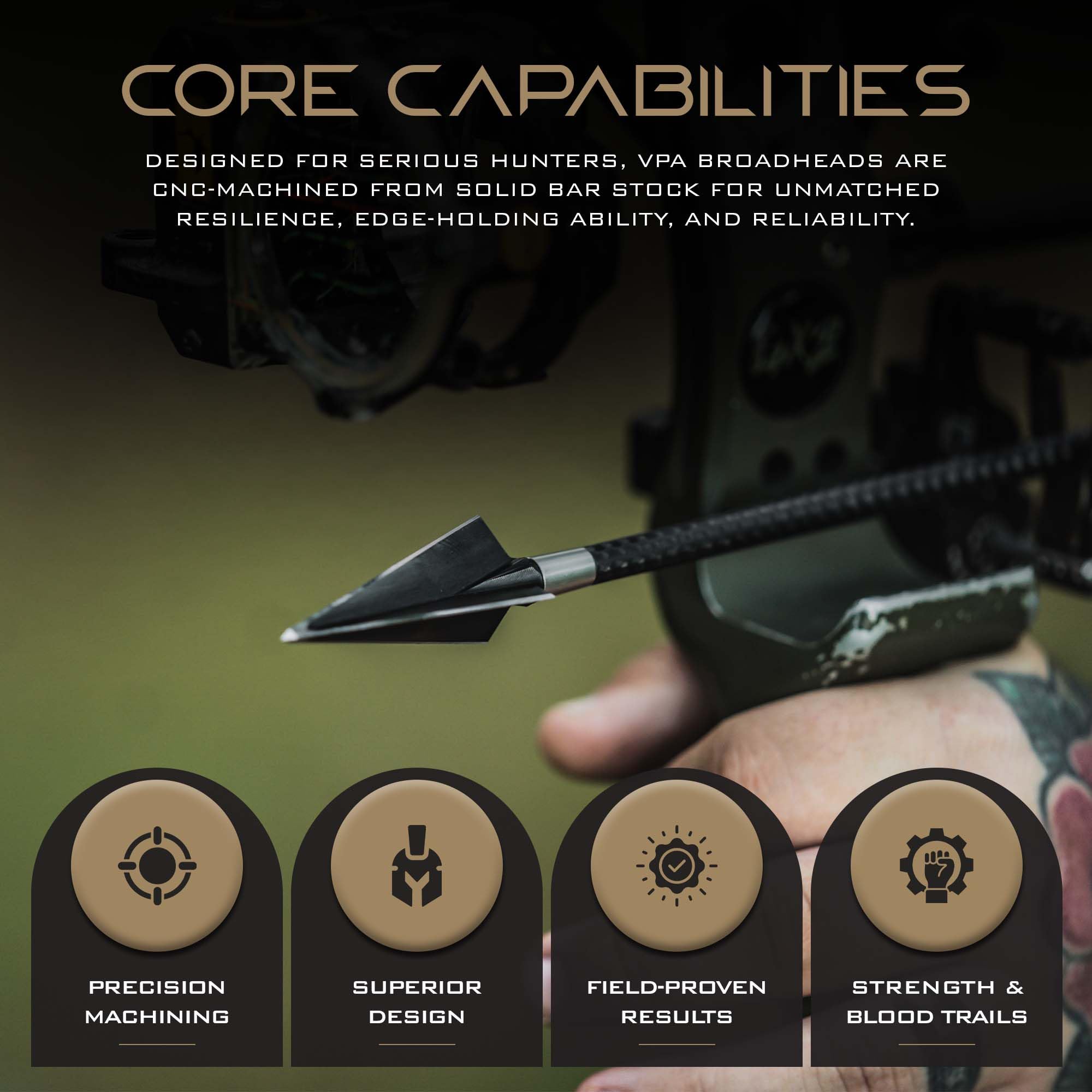 Vantage Point Archery VPA 200 grain three-blade provides strong penetration and clean exits.