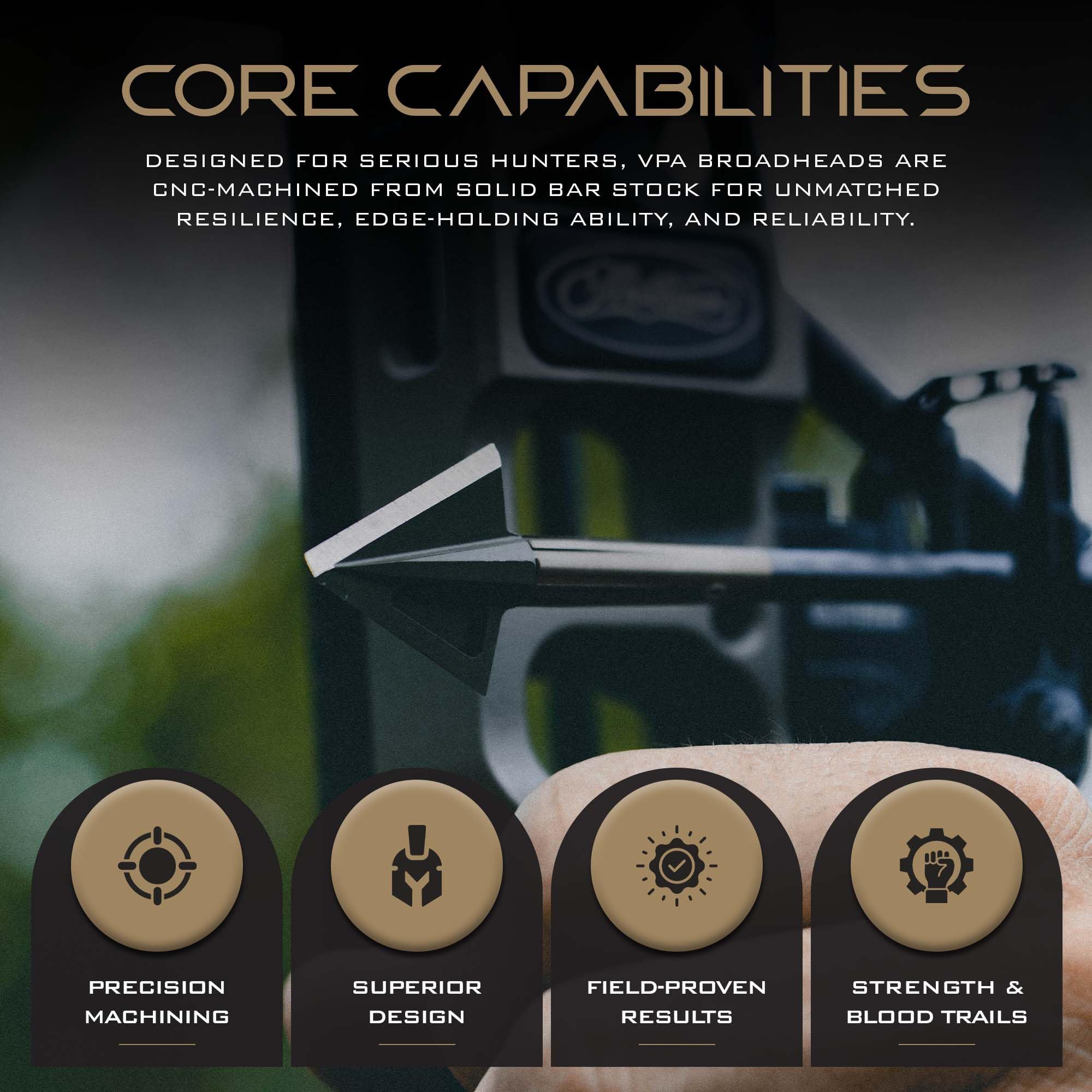 Vantage Point Archery VPA broadhead black 1045 carbon steel body detail highlights durability