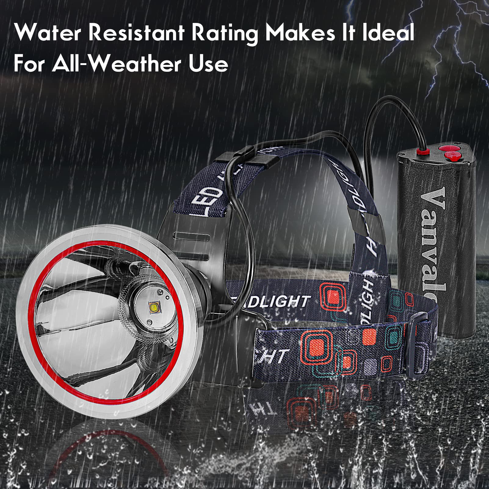 Vanvale IPX4 waterproof headlamp resists splashes in wet outdoor conditions.