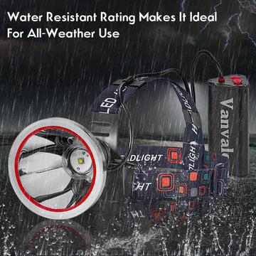 Vanvale IPX4 waterproof headlamp resists splashes in wet outdoor conditions.