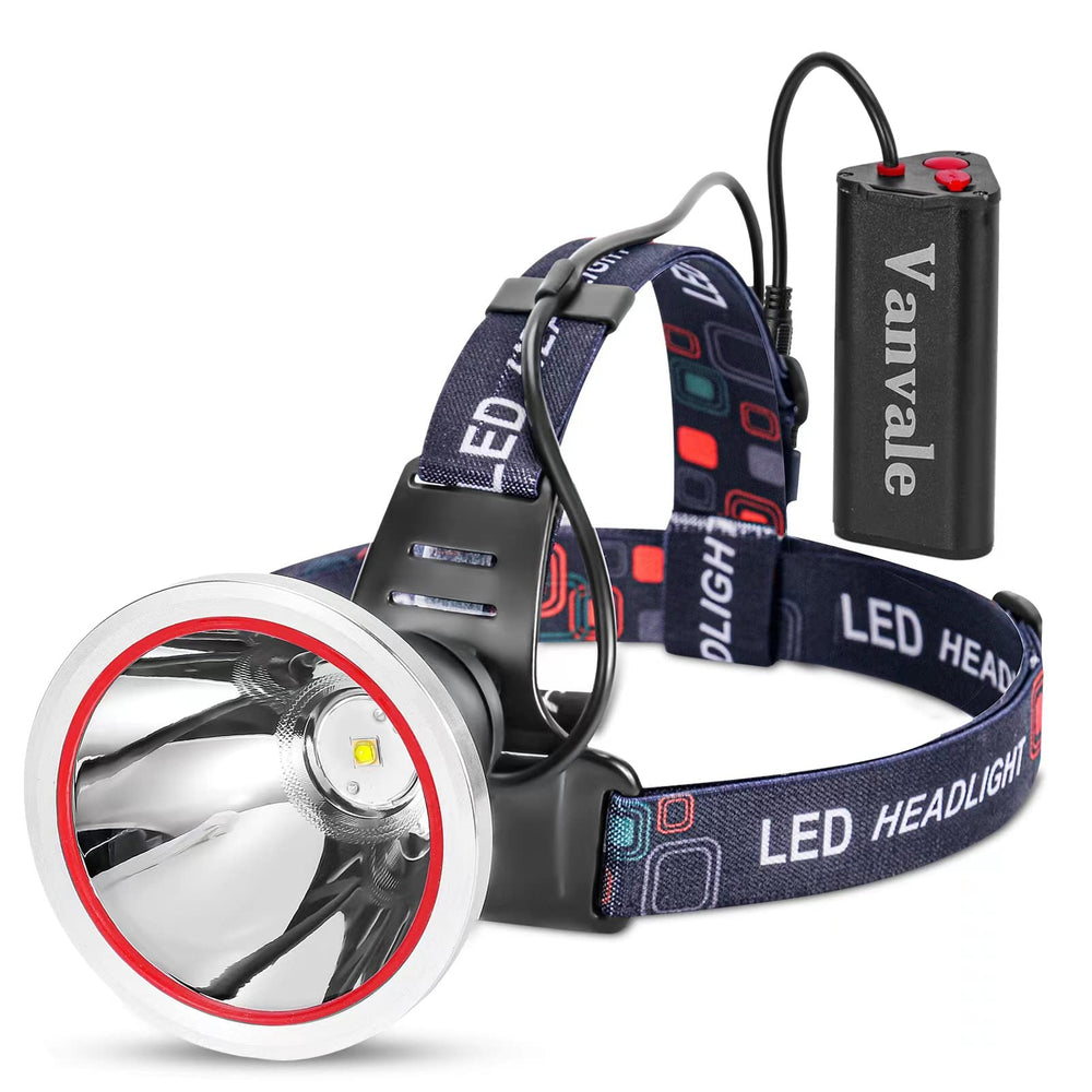 Vanvale headlamp front view shows compact, high-brightness beam for outdoor use.
