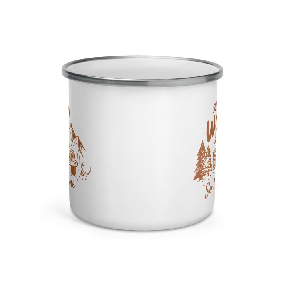 Varam camping enamel mug hanging on backpack, ready for quick outdoor meals