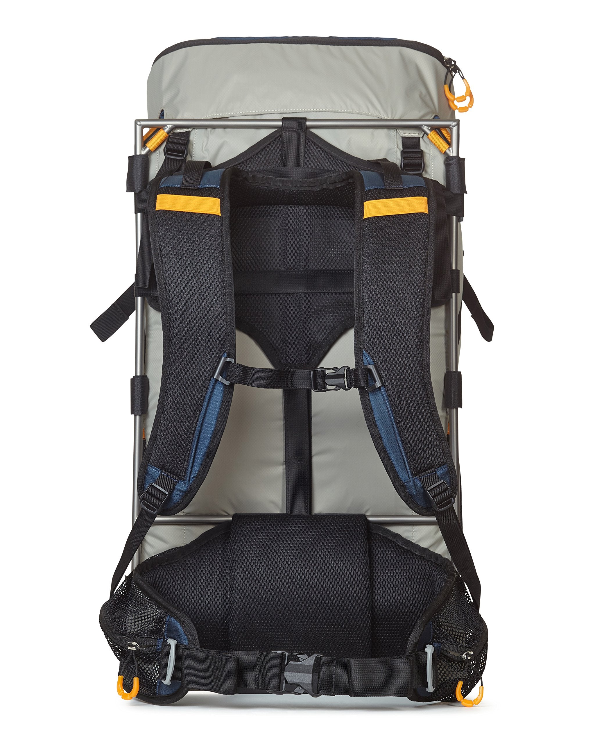 Vargo ExoTi 50 back panel view demonstrating load lifting straps and hydration compatibility.