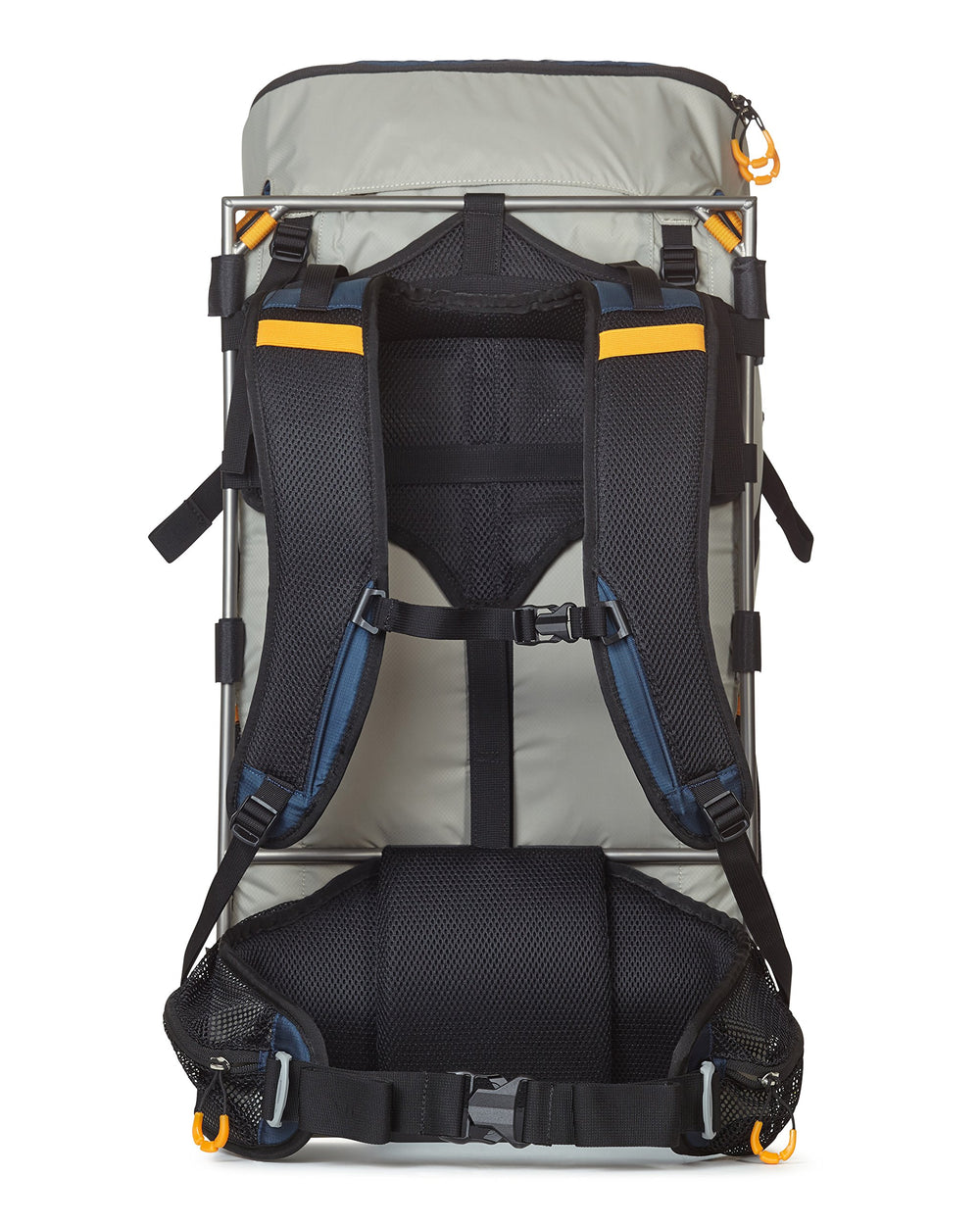 Vargo ExoTi 50 back panel view demonstrating load lifting straps and hydration compatibility.