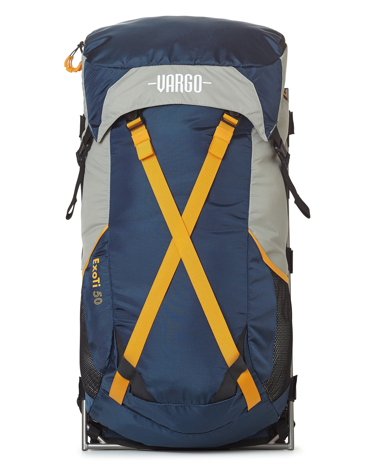 Vargo ExoTi 50 backpack front view, showcasing exterior frame and ready-to-load design.
