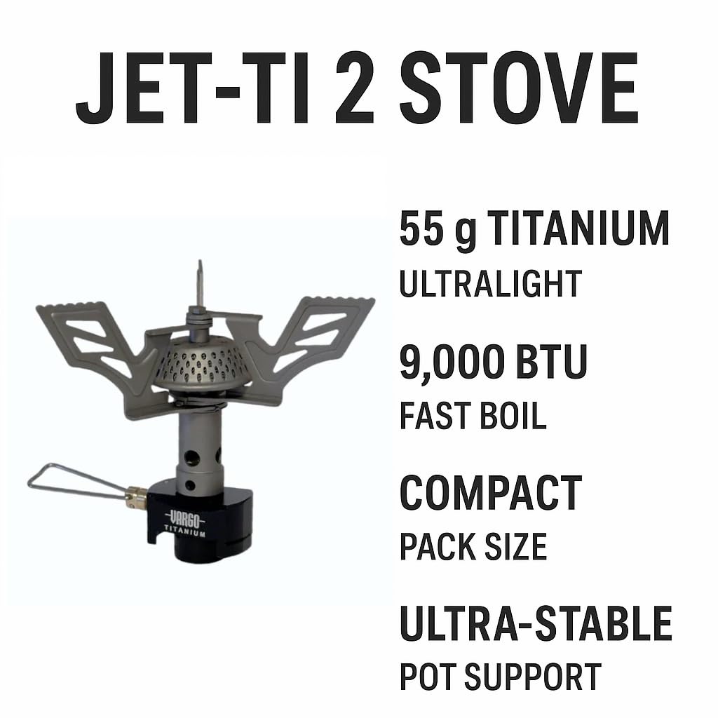 Vargo Jet-Ti 2 stove weighs 55 grams for ultralight backpacking.