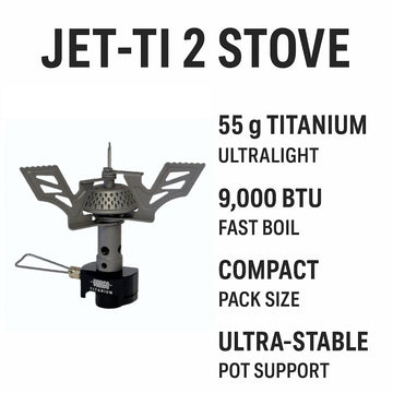 Vargo Jet-Ti 2 stove weighs 55 grams for ultralight backpacking.