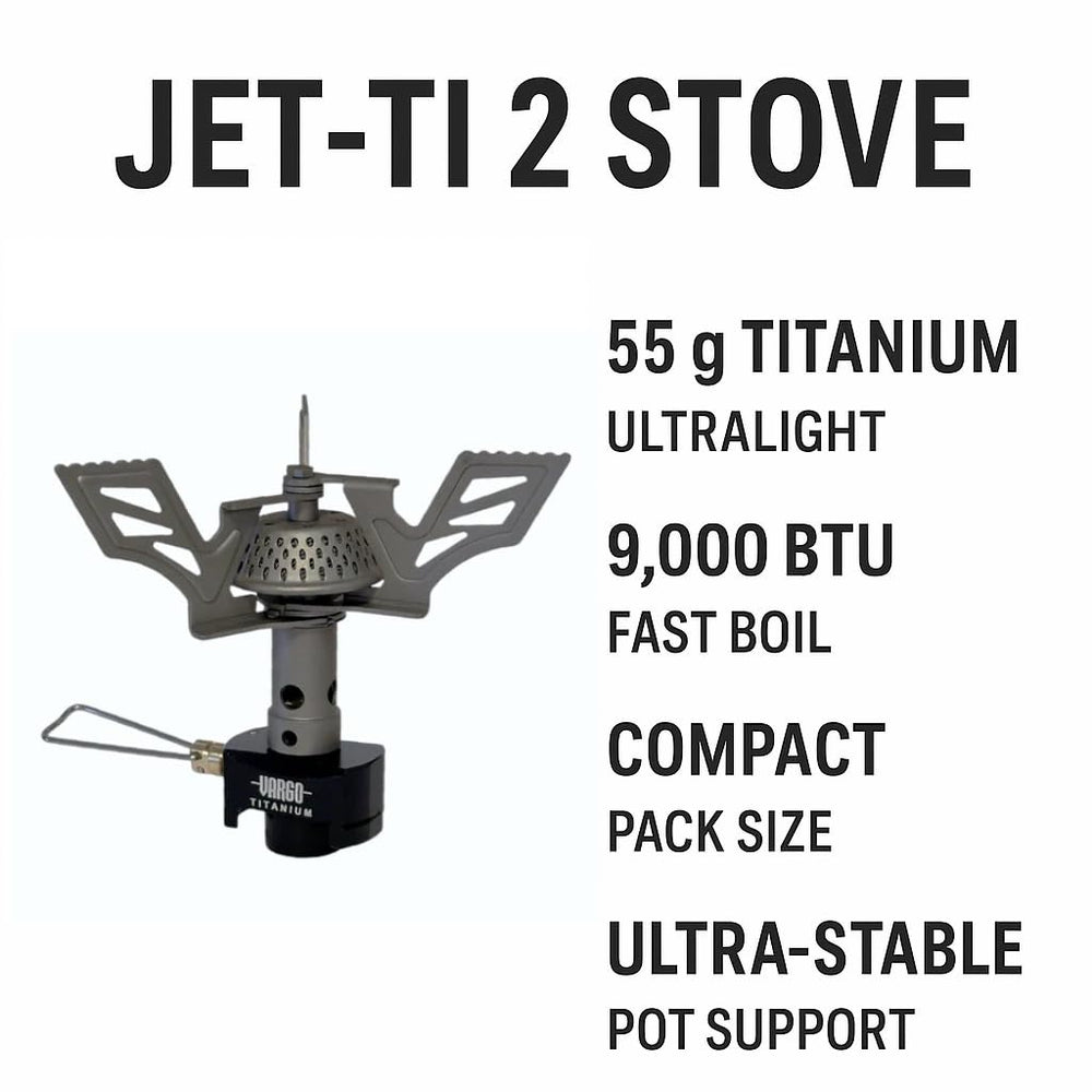 Vargo Jet-Ti 2 stove weighs 55 grams for ultralight backpacking.