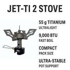Vargo Jet-Ti 2 stove weighs 55 grams for ultralight backpacking.