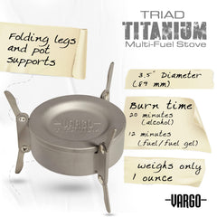 Vargo Triad Titanium Stove multi-fuel capability supports alcohol, tablet fuel, or gel.