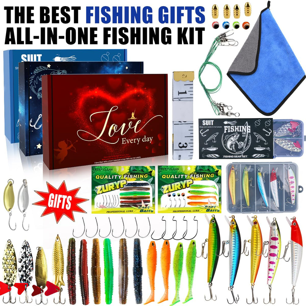 Assorted lures and fishing accessories included