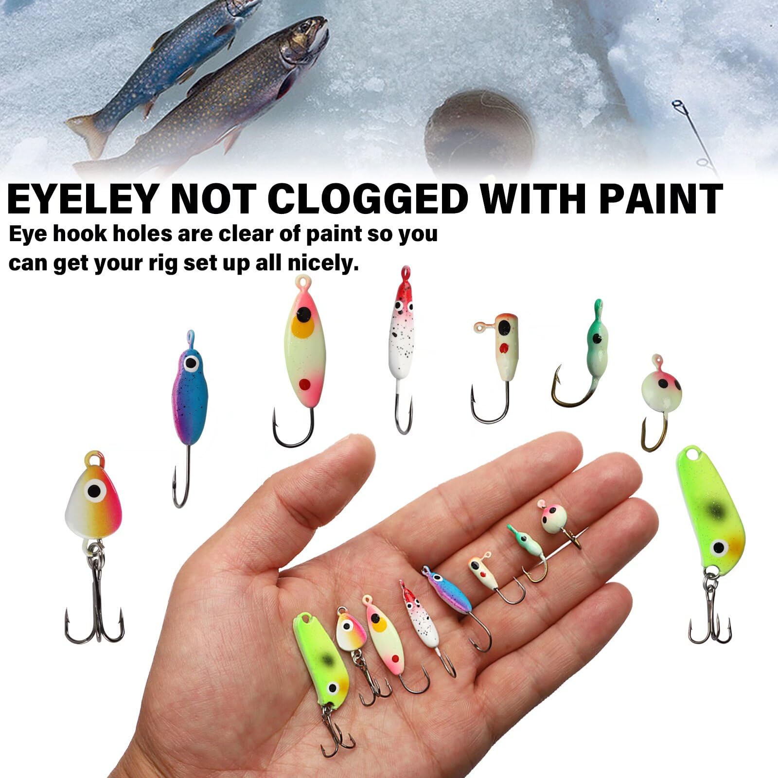 Various sizes and colors ice fishing jigs
