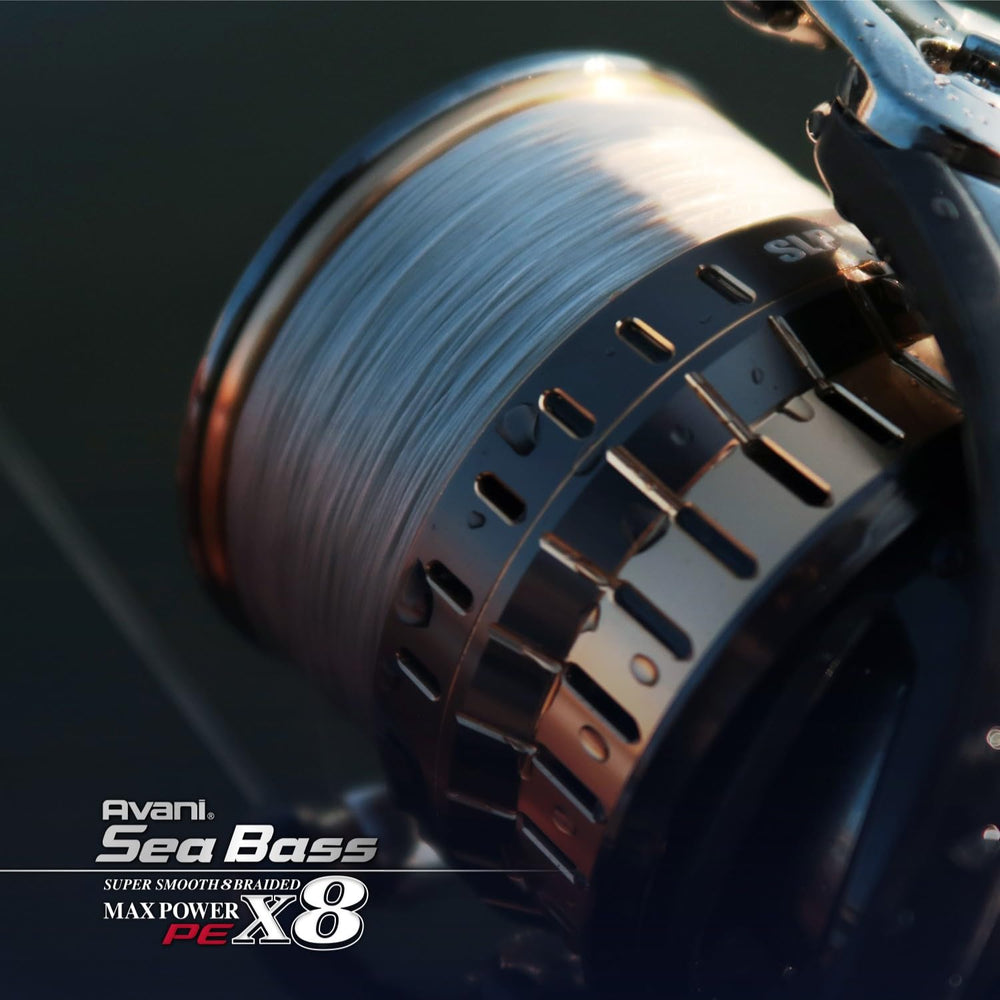 Varivas Avani Sea Bass Max Power PE x8 150m spool packaging shows Made in Japan quality.