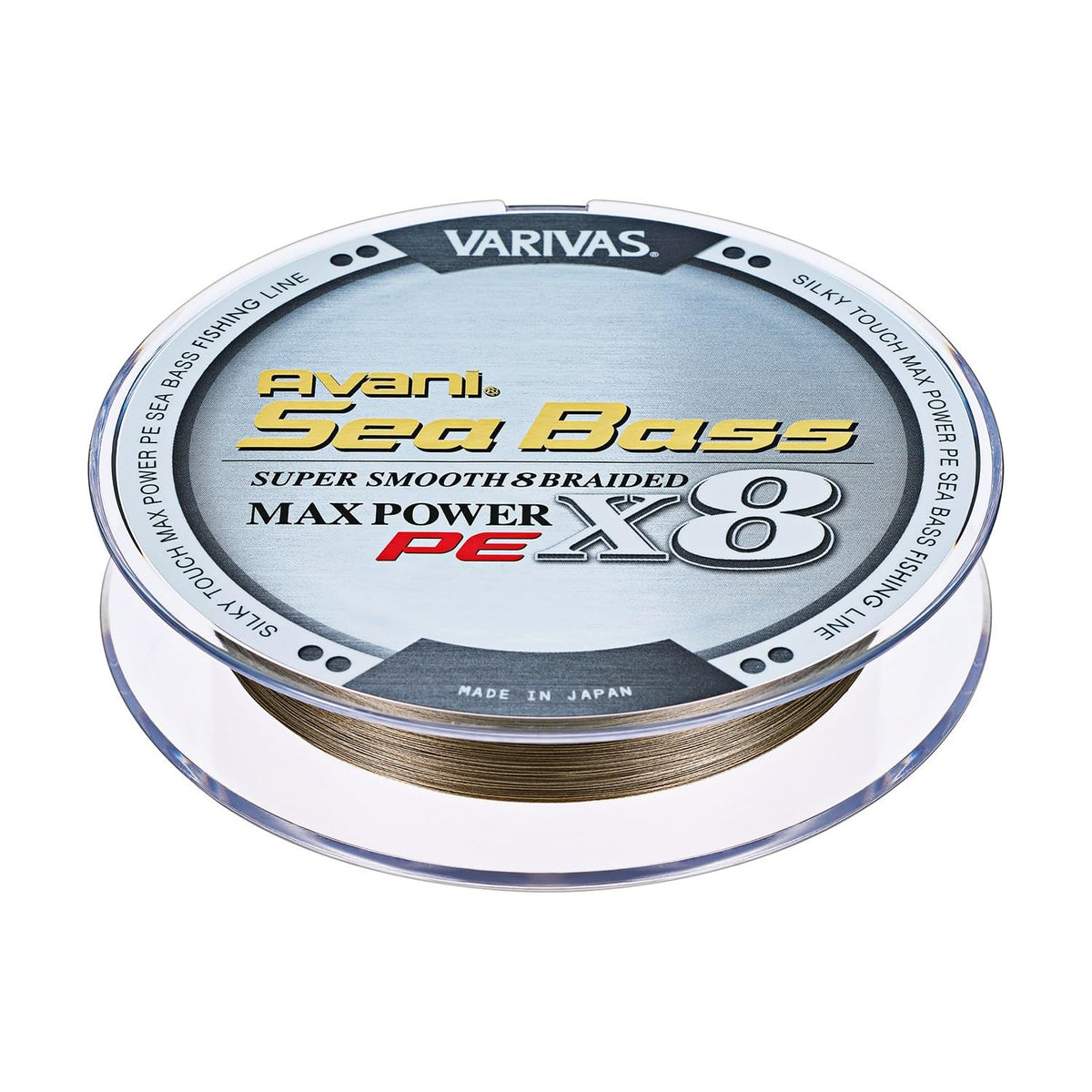 VARIVAS Avani Sea Bass Max Power PE x8 spool shows durable braid for tough bites.