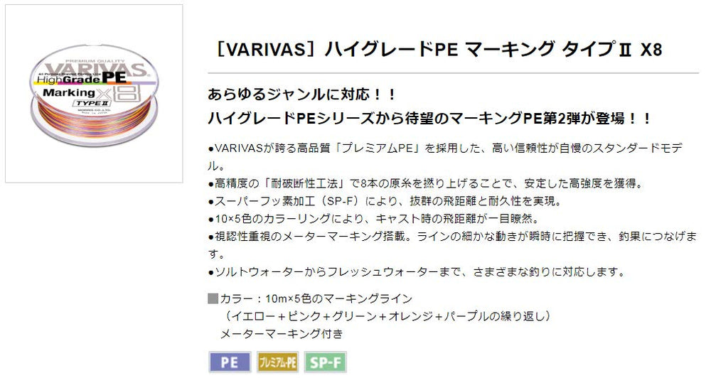 VARIVAS HighGrade PE x8 Marking Type II 5-color marking system showing yellow, pink, green, orange, purple