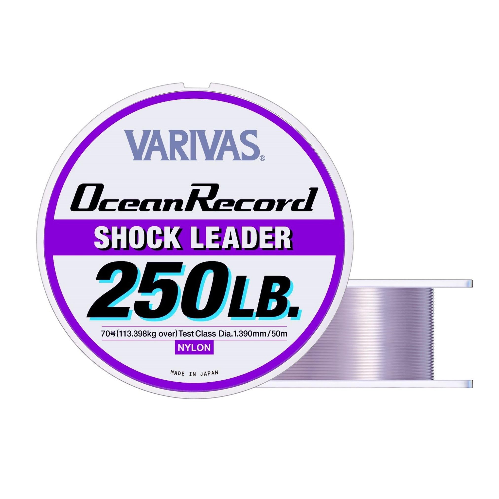 Varivas Ocean Record Shock Leader 50m close-up spool shows rugged offshore durability.