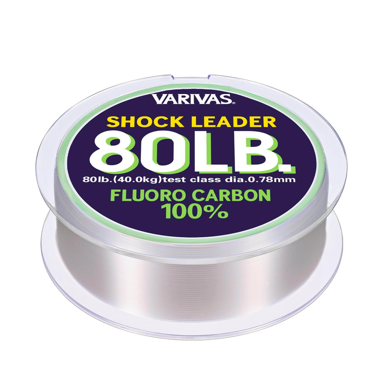 VARIVAS Shock Leader 80lb spool closeup showing low-stretch fluorocarbon for precise lure control