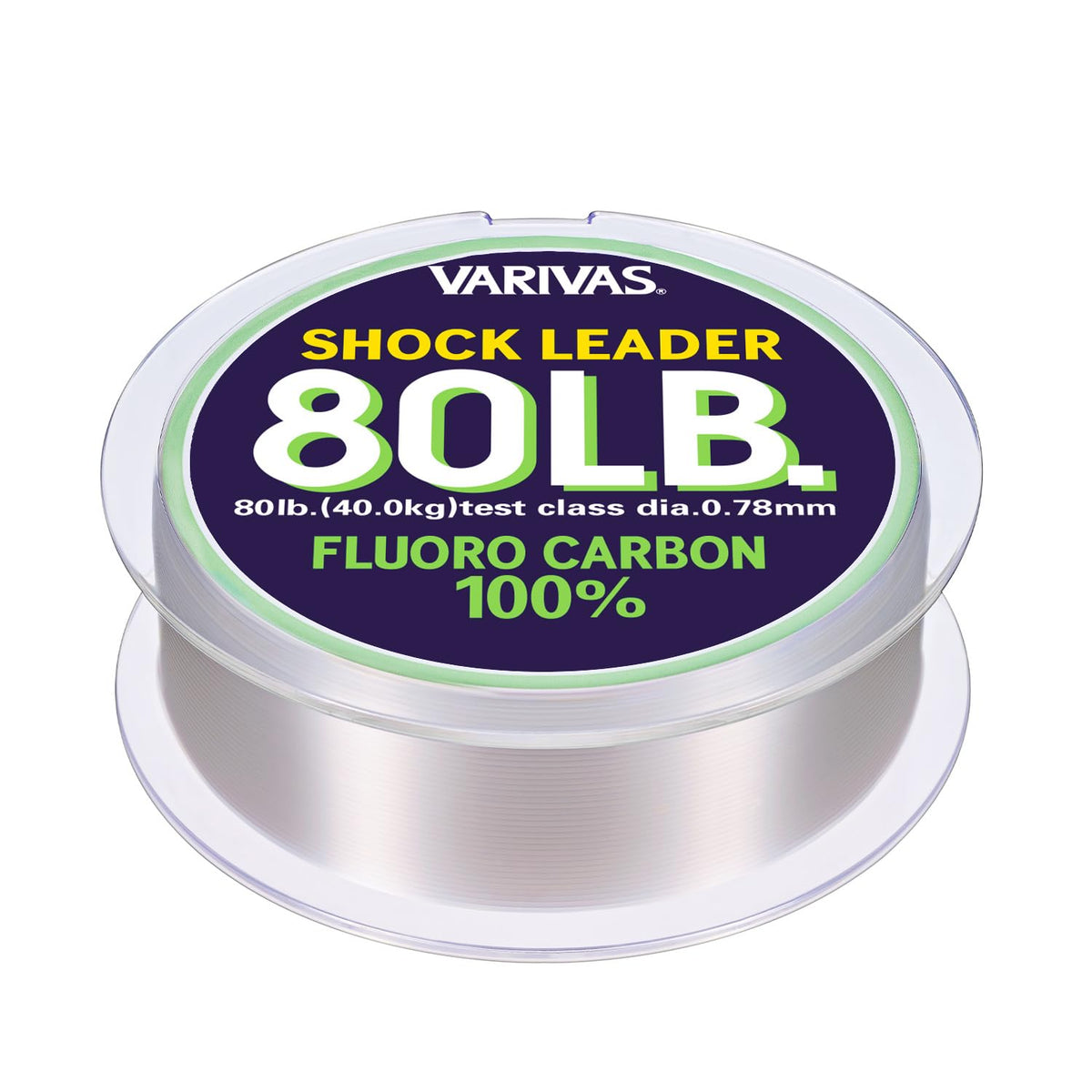 VARIVAS Shock Leader 80lb spool closeup showing low-stretch fluorocarbon for precise lure control