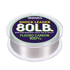 VARIVAS Shock Leader 80lb spool closeup showing low-stretch fluorocarbon for precise lure control