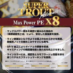 Varivas Super Trout Advance Max Power PE x8 braid closeup highlighting ultra-smooth finish.
