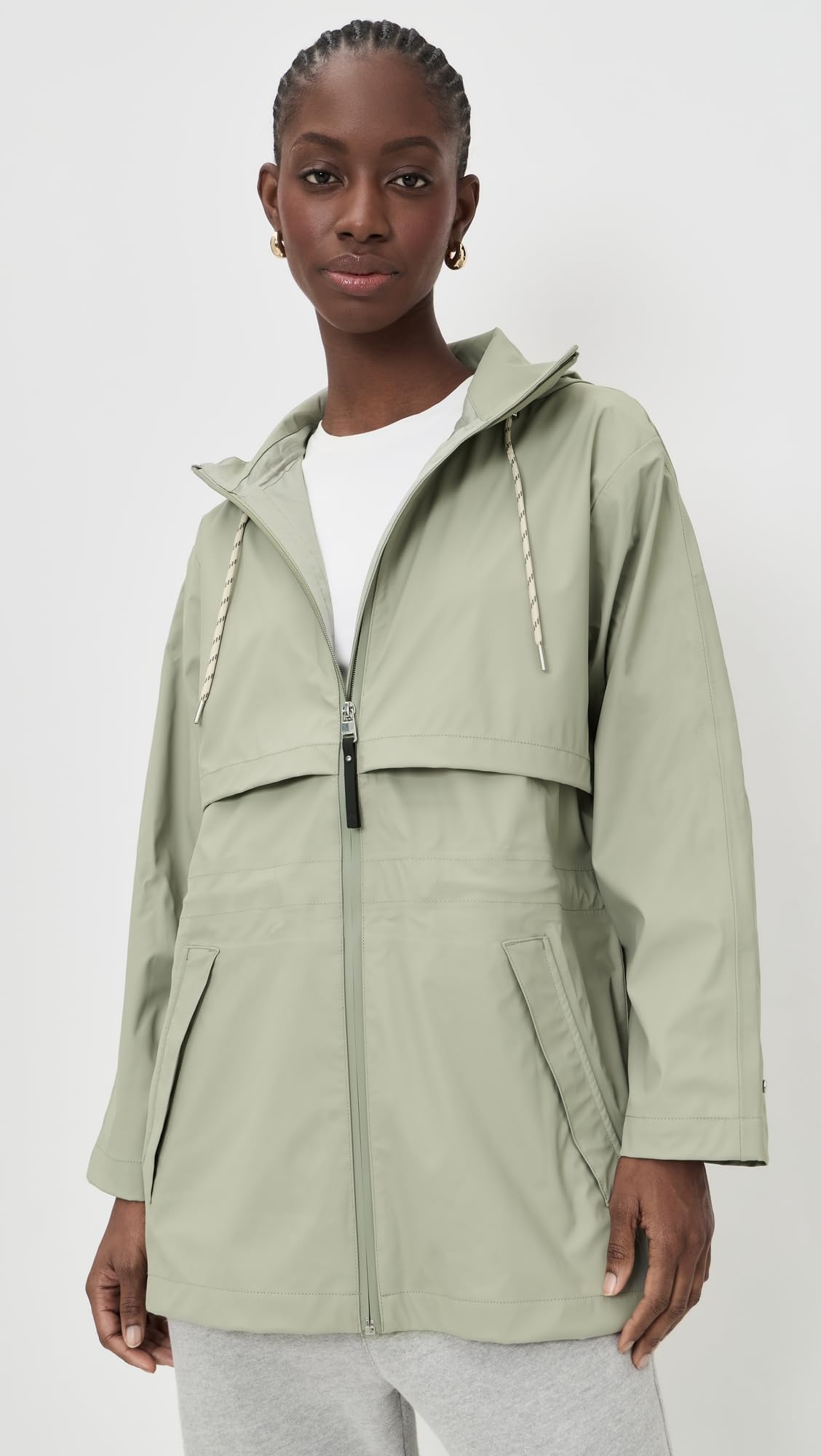 Varley Alyssa Rain Jacket forest fog hood detail with adjustable coverage