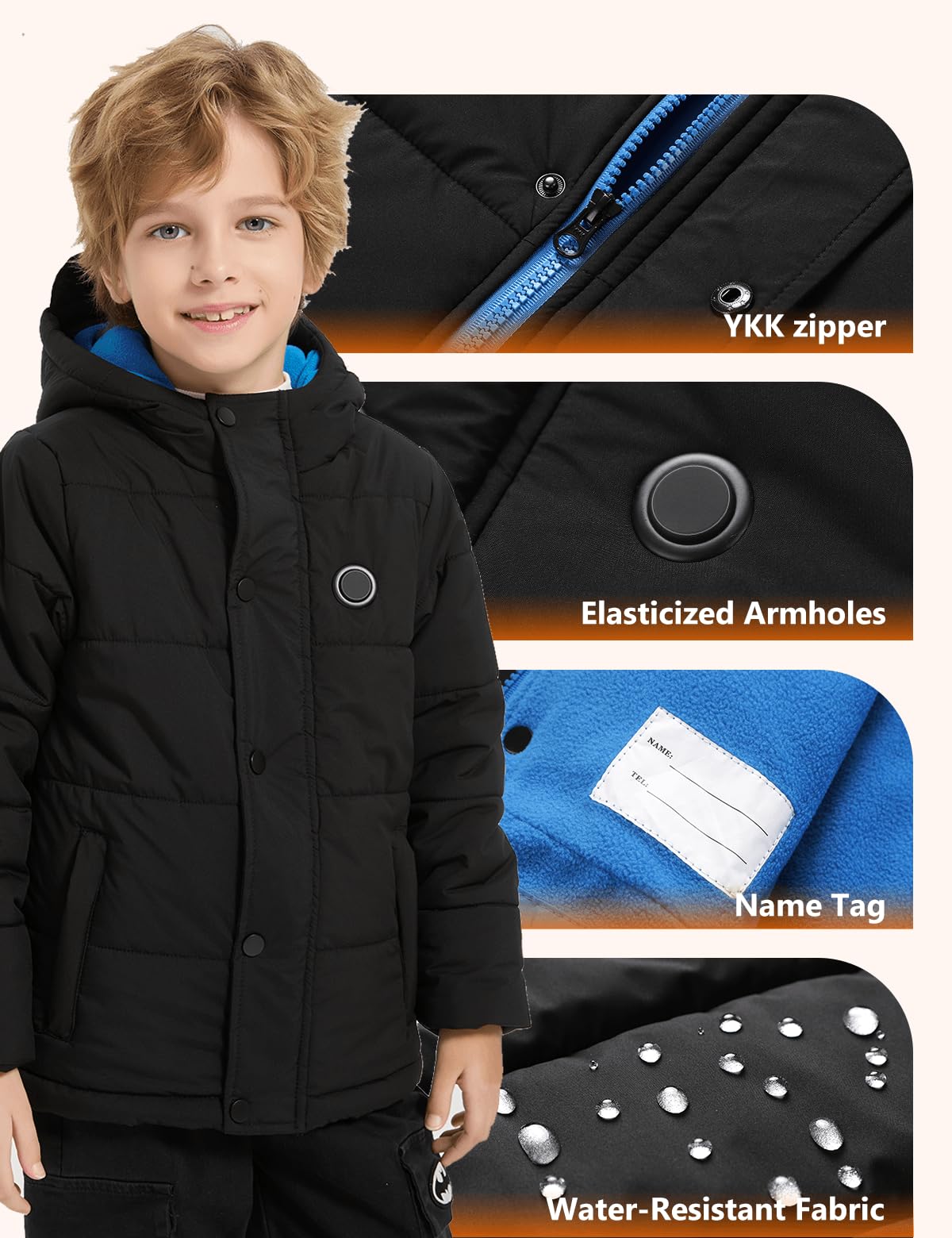 Varmcore kids heated puffer jacket with battery pack demonstrates one-button heat control.