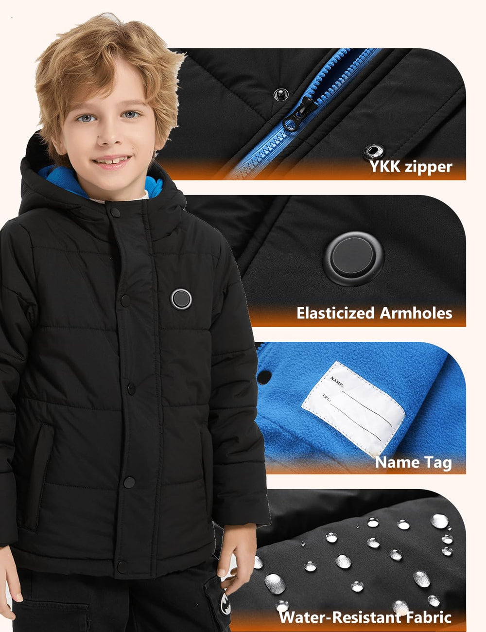 Varmcore kids heated puffer jacket with battery pack demonstrates one-button heat control.