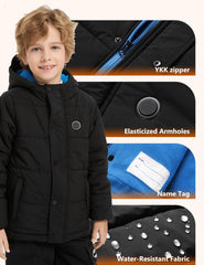 Varmcore kids heated puffer jacket with battery pack demonstrates one-button heat control.
