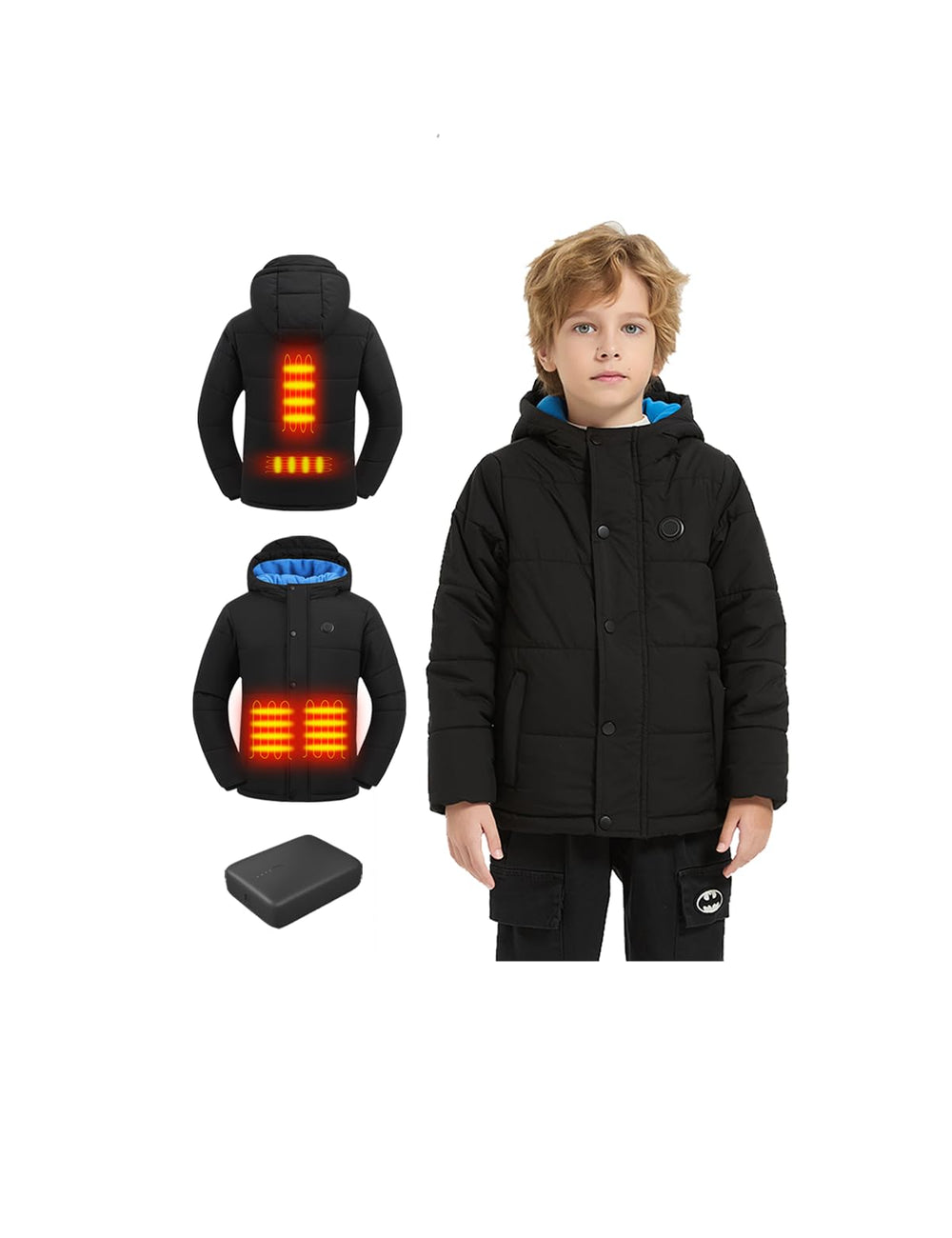 Varmcore kids heated puffer jacket front view shows four heating zones for all-day warmth.