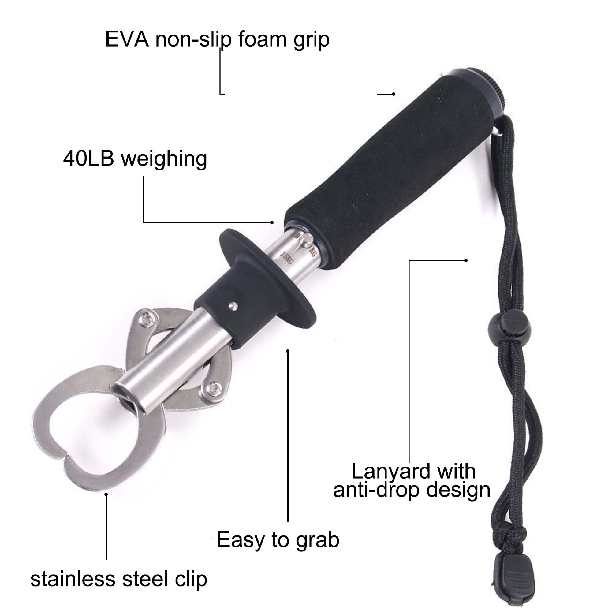 Close-up of stainless steel jaw and foam handle