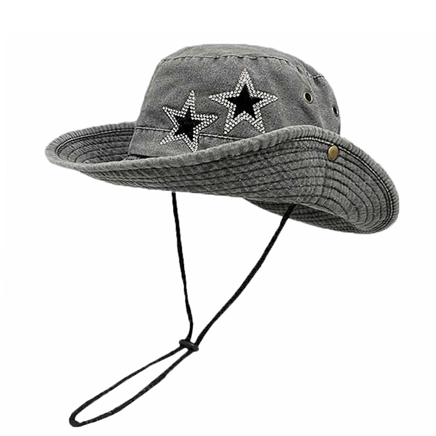 VASTLUCKY denim cowboy hat with rhinestone star for sun protection and chic beach style.